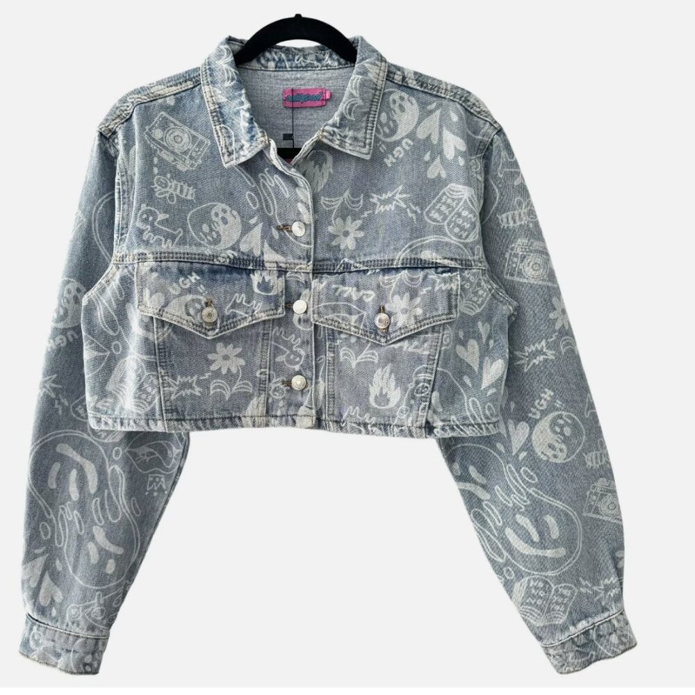 Edikted Cropped Denim Jacket & Malia Printed Wide Leg Jeans Streetwear - Picture 5 of 16